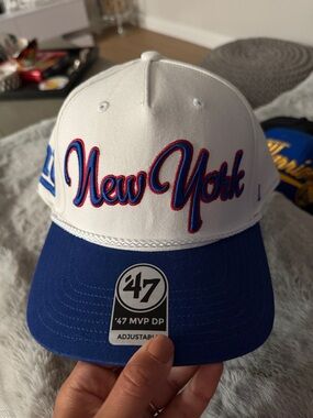 47 New York Script Hat - White, Royal Blue & Red Trim